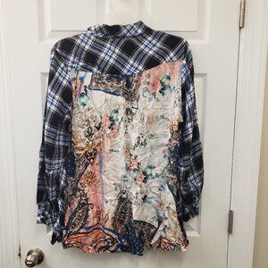 Tolani Collection, Blue white black button down, back floral pink artwork top XL